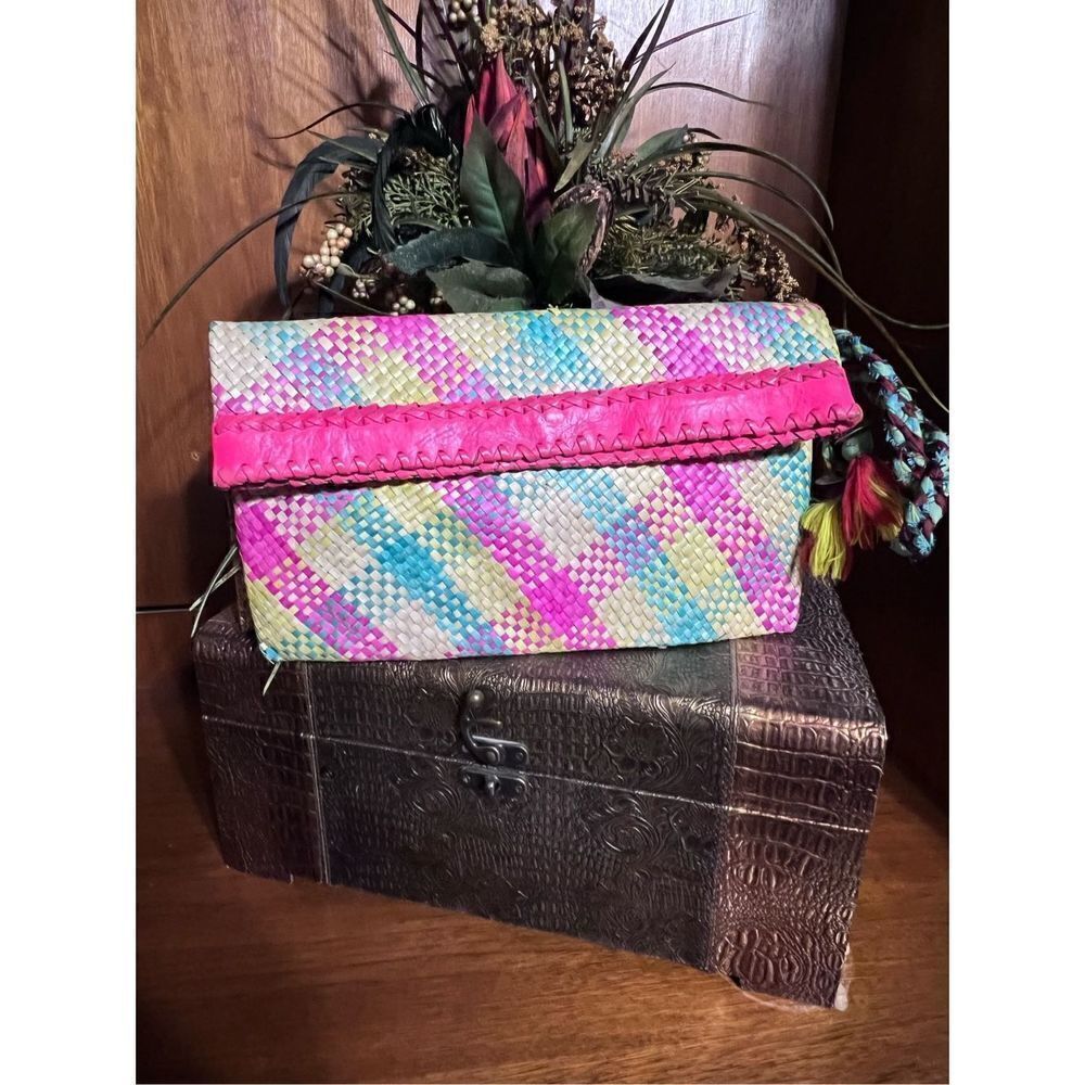 Cleobella Fold-over Straw Clutch Envelope Bag multicolor